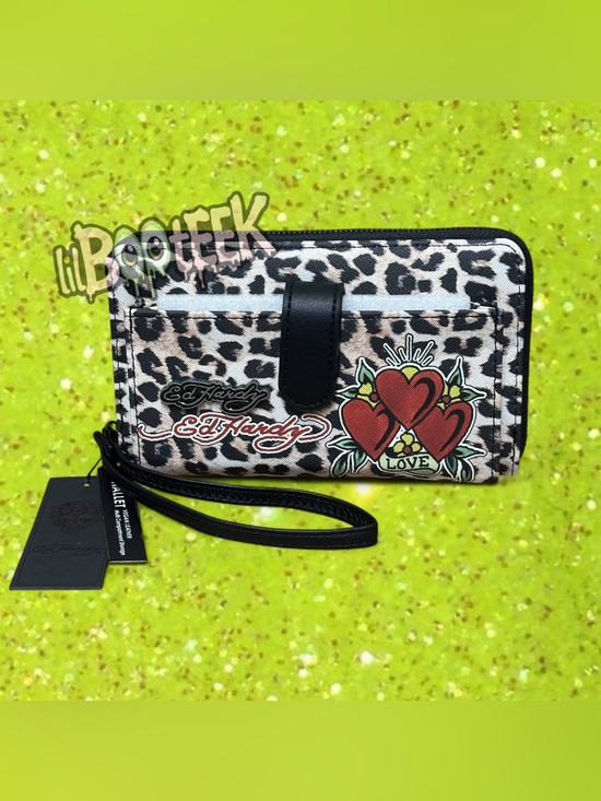 Ed Hardy Handbags - Ed Hardy Leopard Print 3 Heart Logo Wallet Wristlet w Outer Pocket NEW Viral Y2K